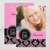 SWEET SIXTEEN、ピンクグリッター、ブラックダマスク 招待状 (正面/裏面)