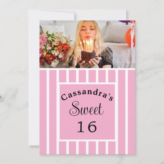 Sweet Sixteen ピンクストライプ水平写真 招待状 (正面)
