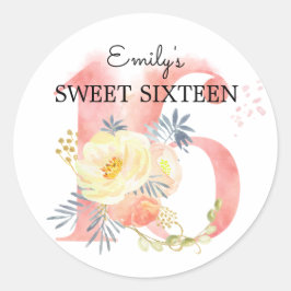 Sweet Sixteen ブルッシュピンク フラワー ナンバー16 カスタムデザイン ラウンドシール