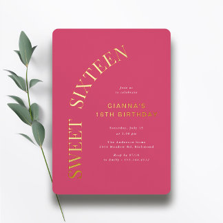 Sweet sixteen | ホットピンクと金ゴールド16誕生日 箔招待状