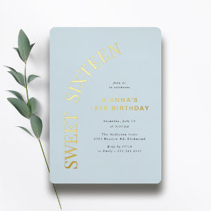 Sweet sixteen ライトブルーと金ゴールド16誕生日 箔招待状