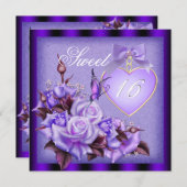 Sweet sixteen、甘い16紫色の蝶パープルロー 招待状 (正面/裏面)