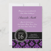 SWEET SIXTEEN、紫色のグリッター、黒いダマスク織 招待状 (裏面)
