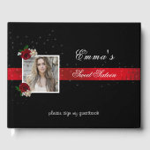 Sweet sixteen、赤いサテン赤いバラの輝く写真 ゲストブック (正面)