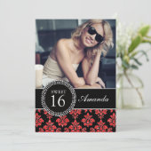 SWEET SIXTEEN、赤グリッター、黒ダマスク 招待状 (スタンド正面)