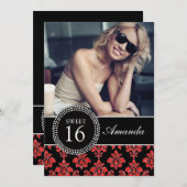 SWEET SIXTEEN、赤グリッター、黒ダマスク 招待状 (正面/裏面)