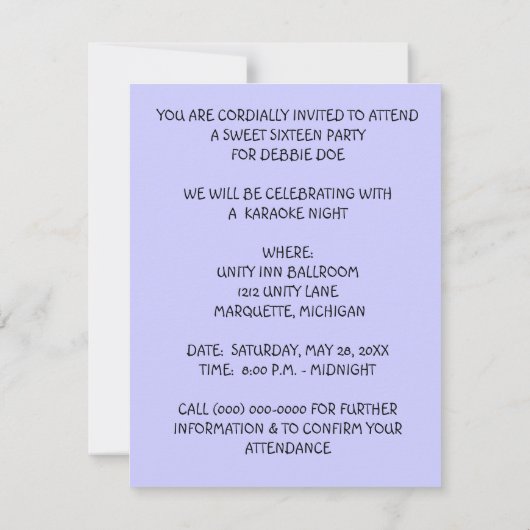 SWEET SIXTEEN 16のカラオケの花型女性歌手のパーティの招待状 招待状 (裏面)