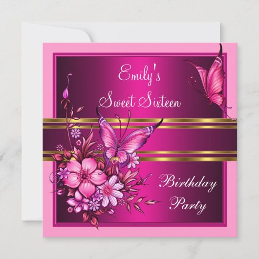 Sweet Sixteen 16個のピンクの花と蝶の誕生日 招待状 (正面)