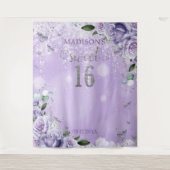 Sweet Sixteen 16 パープルの花と蝶の写真 タペストリー (正面)