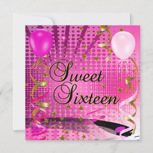 Sweet Sixteen 16 誕生日パーティー ピンクの星 招待状 (正面)