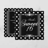 Sweet Sixteen 16 誕生日 黒 白 ドット 招待状 (正面/裏面)