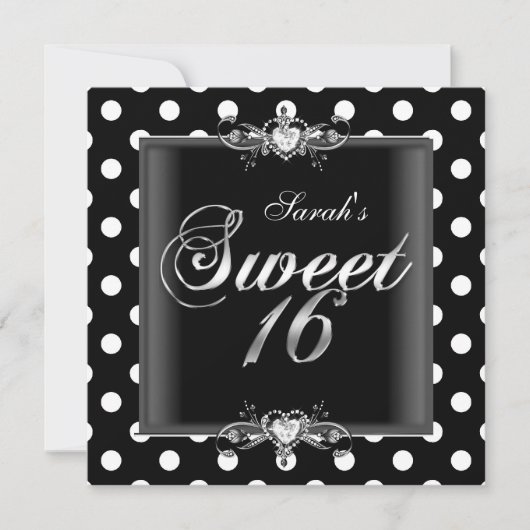 Sweet Sixteen 16 誕生日 黒 白 ドット 招待状 (正面)