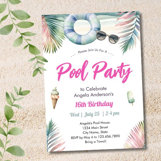 Sweet Sixteen Birthday Pool Party 招待状