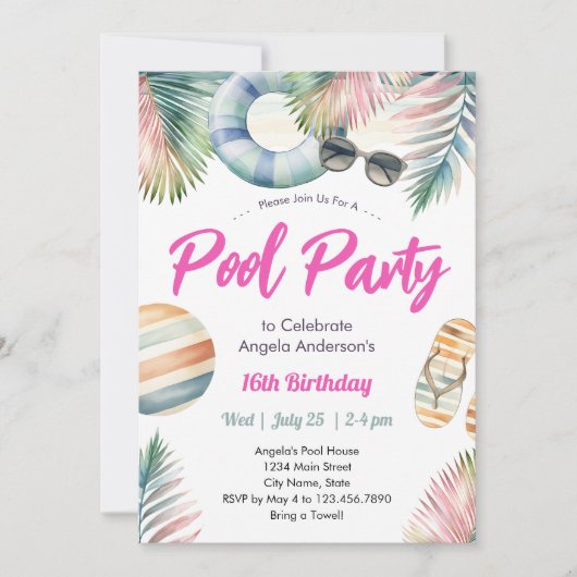 Sweet Sixteen Birthday Pool Party Invitation 招待状 (正面)