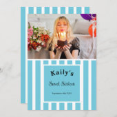 Sweet Sixteen Blue Stripe Photo 招待状 (正面/裏面)