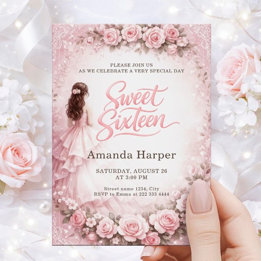 Sweet Sixteen Floral Pink Birthday Card 招待状
