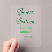 Sweet Sixteen green name date calligraphy boho ret アクリル招待状 (インサイチュ (ポータブル))