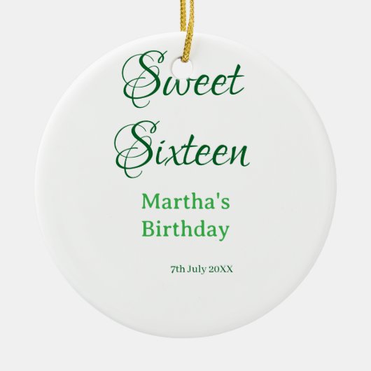 Sweet Sixteen green name date calligraphy boho ret セラミックオーナメント (正面)
