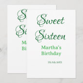Sweet Sixteen green name date calligraphy boho ret 招待状 (正面/裏面)