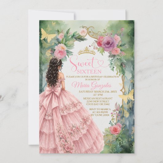Sweet Sixteen Invitation Pink Floral Garden 招待状 (正面)