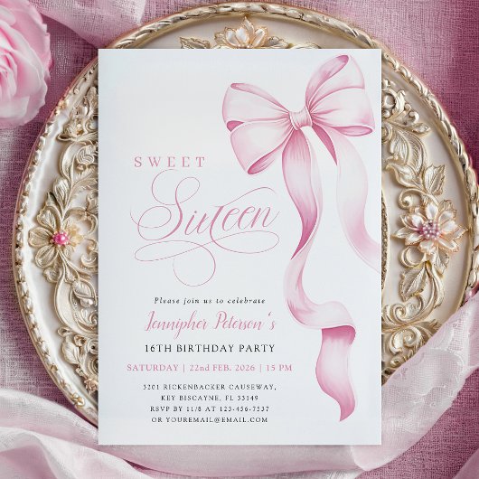 Sweet Sixteen Pink Bow Invitation 招待状
