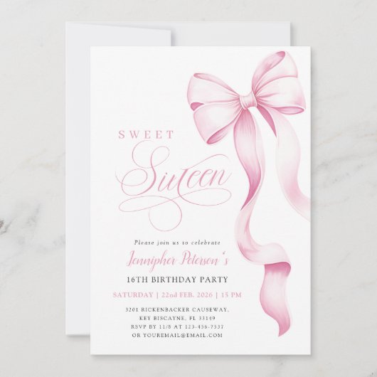 Sweet Sixteen Pink Bow Invitation 招待状 (正面)