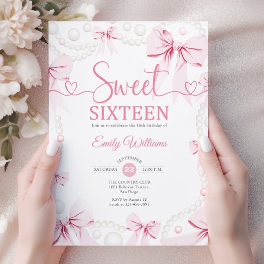 Sweet Sixteen Pink Bows Pearls Coquette 招待状