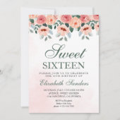 Sweet Sixteen with Watercolor Pink Flowers 招待状 (正面)