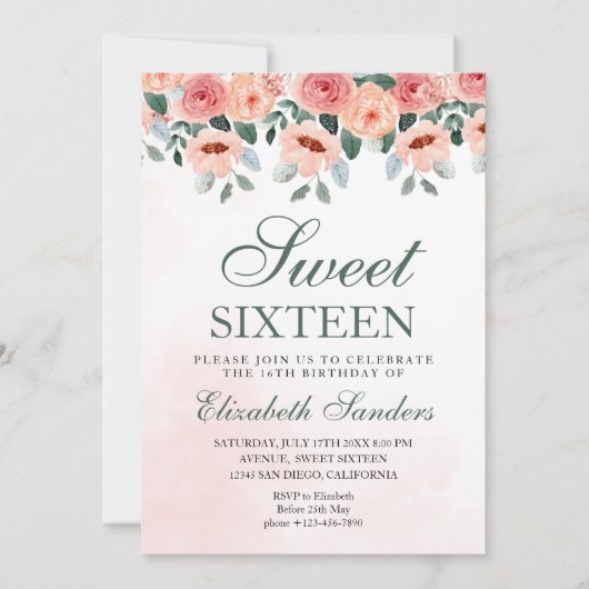 Sweet Sixteen with Watercolor Pink Flowers 招待状 (正面)