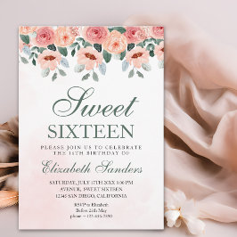 Sweet Sixteen with Watercolor Pink Flowers 招待状