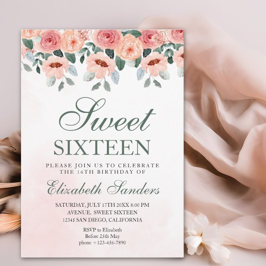 Sweet Sixteen with Watercolor Pink Flowers 招待状