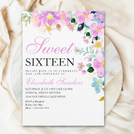 Sweet Sixteen with Watercolor Spring Flowers 招待状