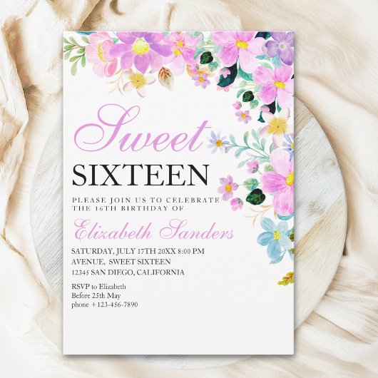 Sweet Sixteen with Watercolor Spring Flowers 招待状
