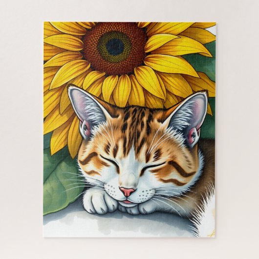 Sweet Sleepy Kitty Cat and Sunflowers  ジグソーパズル (縦)