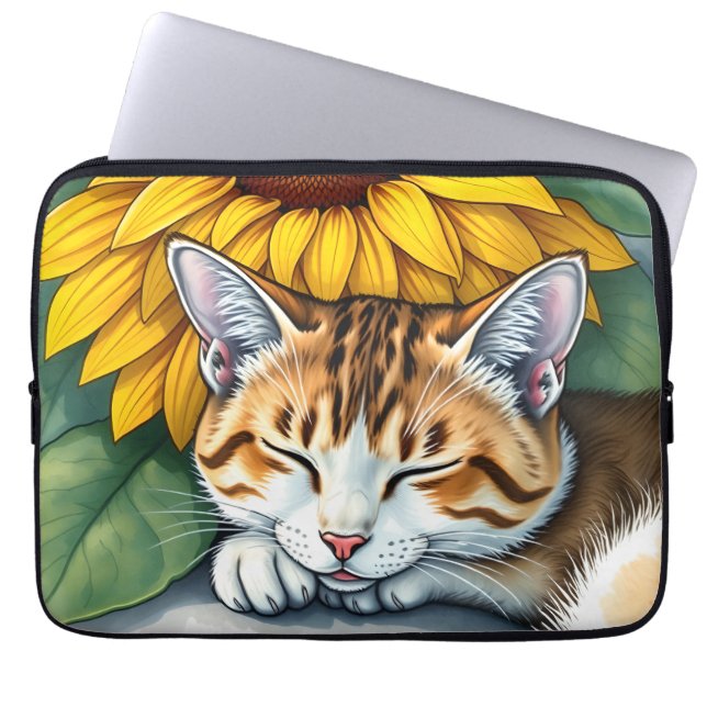 Sweet Sleepy Kitty Cat and Sunflowers ラップトップスリーブ (正面)