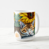 Sweet Sleepy Kitty Cat and Sunflowers Personalized コーヒーマグカップ (正面右)