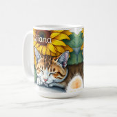 Sweet Sleepy Kitty Cat and Sunflowers Personalized コーヒーマグカップ (正面左)