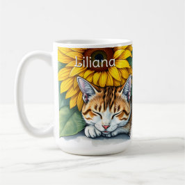 Sweet Sleepy Kitty Cat and Sunflowers Personalized コーヒーマグカップ