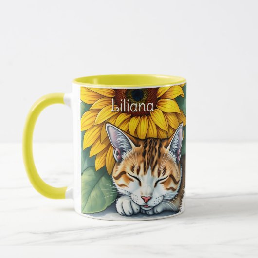 Sweet Sleepy Kitty Cat and Sunflowers Personalized マグカップ (左)