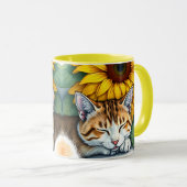 Sweet Sleepy Kitty Cat and Sunflowers Personalized マグカップ (正面右)