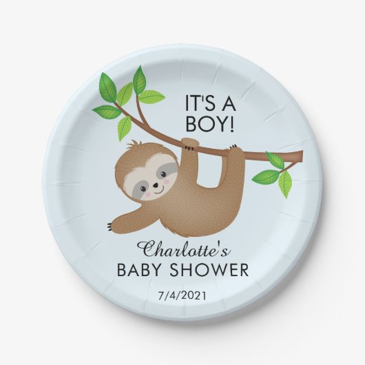 Sweet Sloth It's a Boy Baby Shower 7"プレート ペーパープレート (正面)