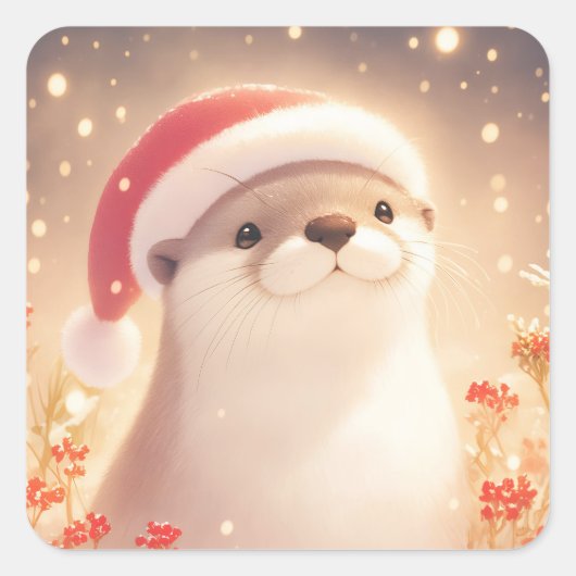 Sweet Smiling Otter in Santa Hat with Red Berries スクエアシール (正面)
