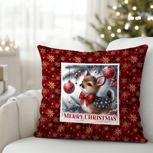 Sweet snowy forest baby fawn Christmas pillow クッション