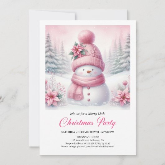 Sweet Snowy Forest Pink Snowman Editable Christmas 招待状 (正面)