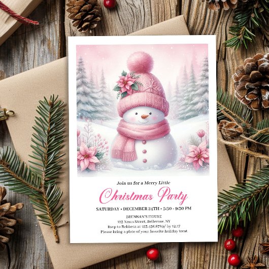 Sweet Snowy Forest Pink Snowman Editable Christmas 招待状