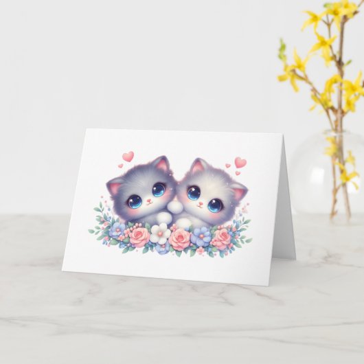 Sweet Snuggly Kitten Duo Floral Blank Greeting  カード (黄色い花)