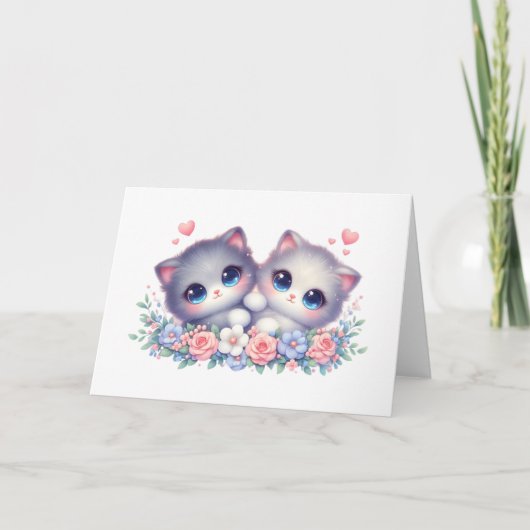 Sweet Snuggly Kitten Duo Floral Blank Greeting カード (正面)