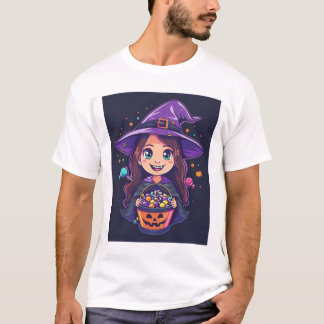 Sweet Spell – Little Halloween Witch with Candy Ba Tシャツ