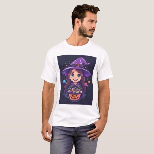 Sweet Spell – Little Halloween Witch with Candy Ba Tシャツ (正面フル)