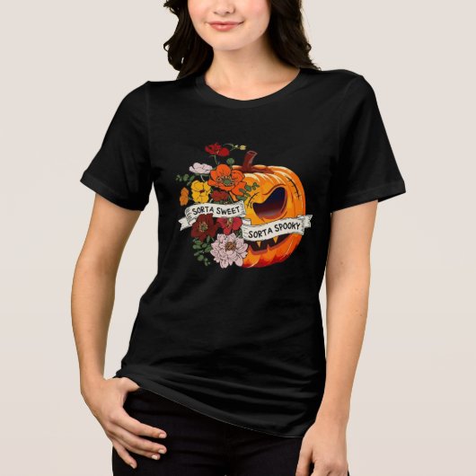 Sweet Spooky Pumpkin Floral Halloween Graphic T-Sh トライブレンドＴシャツ (正面)